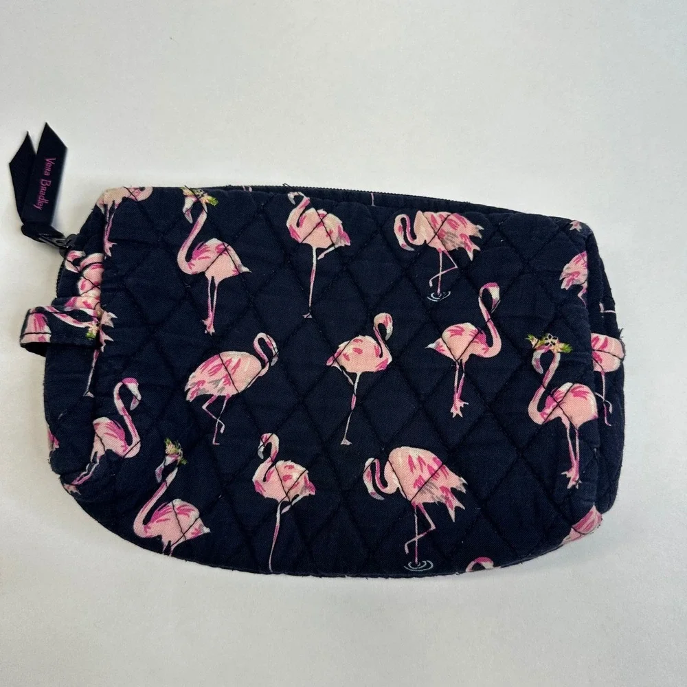 Vera Bradley Navy Pink Flamingo Quilted Cotton Zipper Cosmetic Makeup Bag Pouch